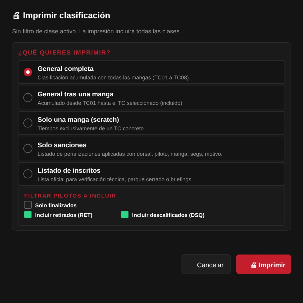 Diálogo de impresión de la clasificación con filtros